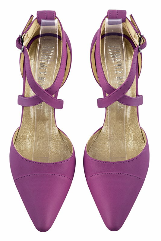 Mauve purple women's open side shoes, with crossed straps. Tapered toe. High slim heel. Top view - Florence KOOIJMAN